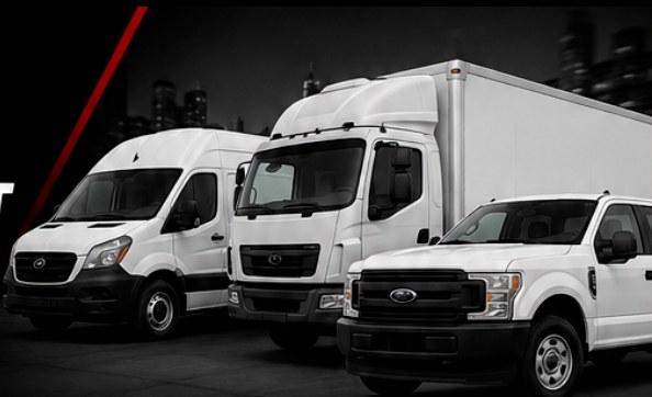 A white cargo van, box truck and pickup truck parked together at night